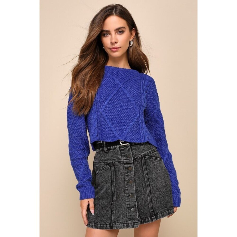 Lulus Flirtatious Season Cobalt Blue Cable Knit Cropped Sweater - Size XL